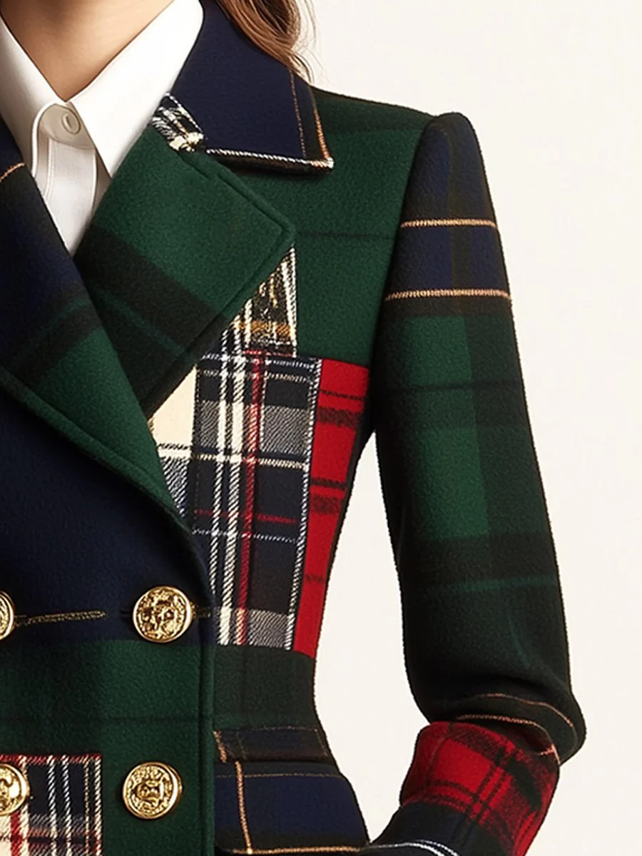 Casual Lapel Plaid Double-breasted Woolen Blazer - Image 3