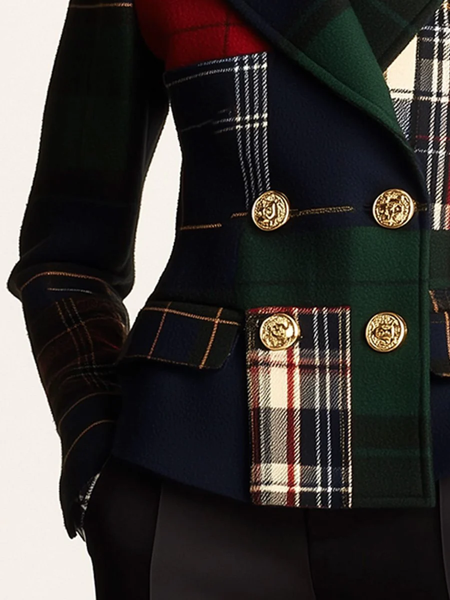 Casual Lapel Plaid Double-breasted Woolen Blazer - Image 4
