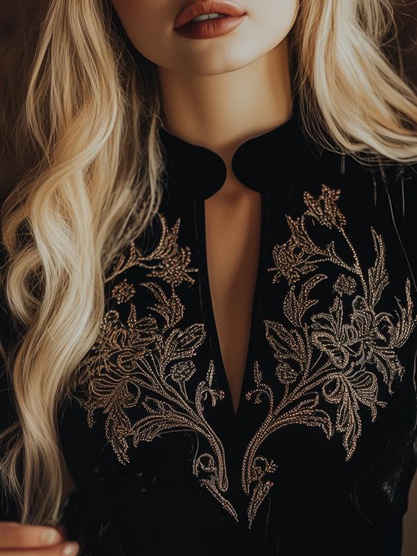 Elegant V-neck Embroidery Velvet Long Sleeves Top - Image 3