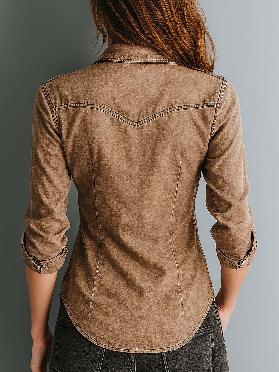 Retro Washed Contrast Stitching Blouse - Image 5
