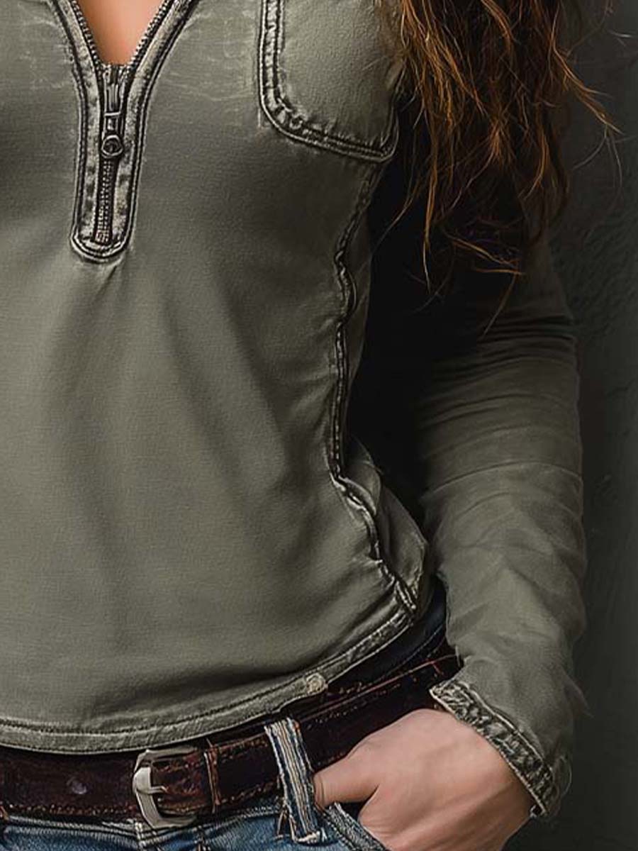 Slim Fit Western Utility Washed Green Zip-Up Top - Image 7