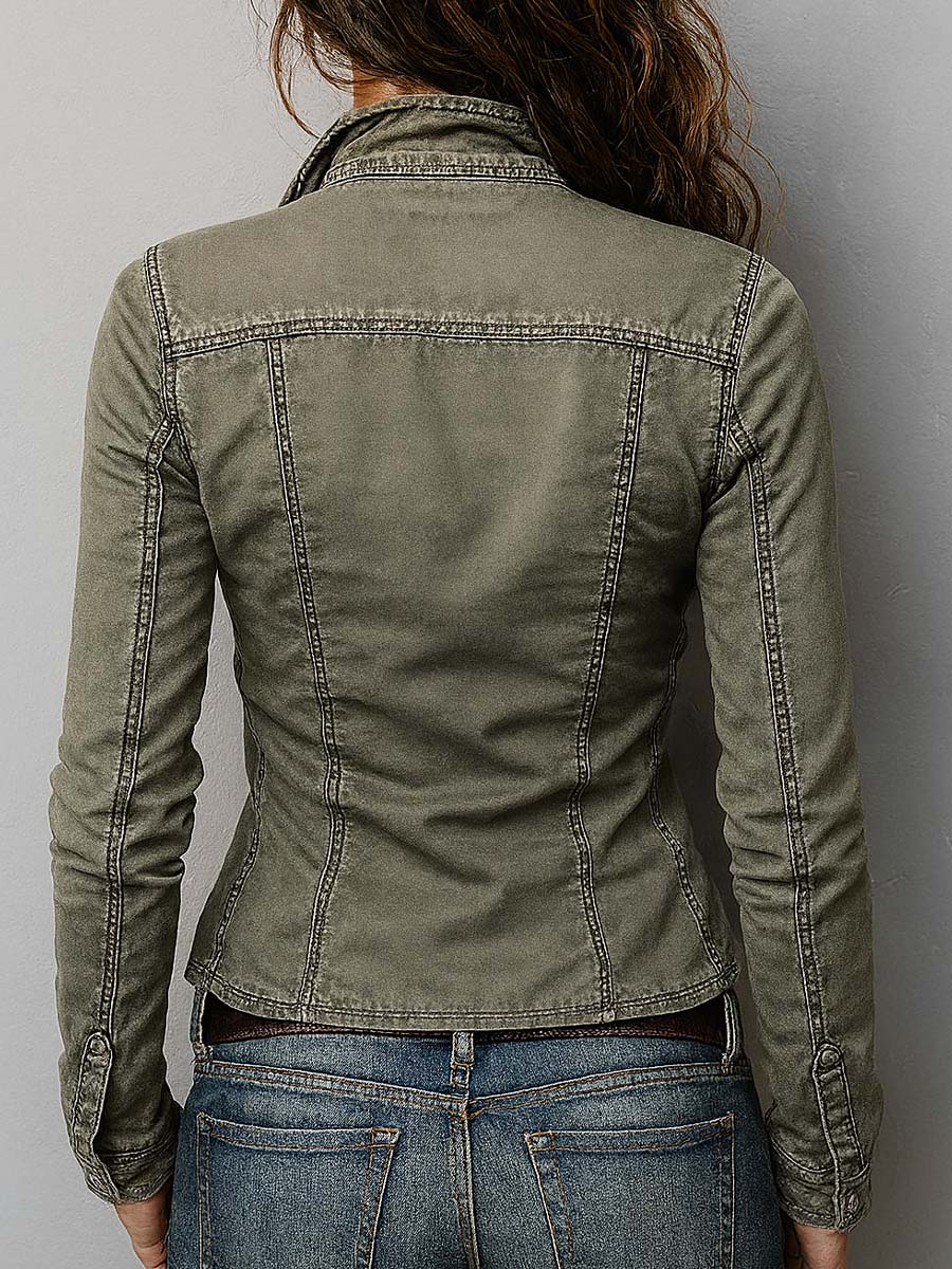 Slim Fit Western Utility Washed Green Zip-Up Top - Image 8