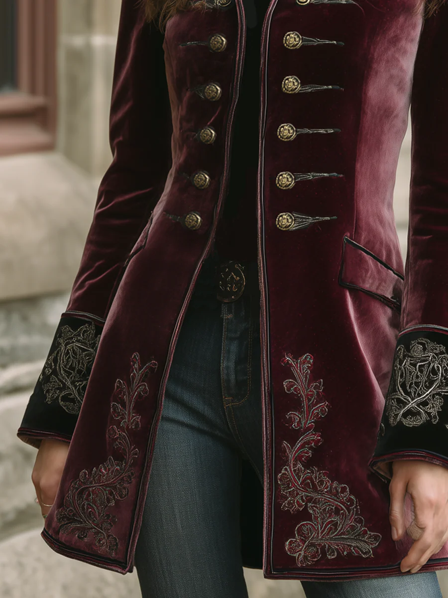 Vintage Contrast Trim Embroidered Velvet Coat - Image 5