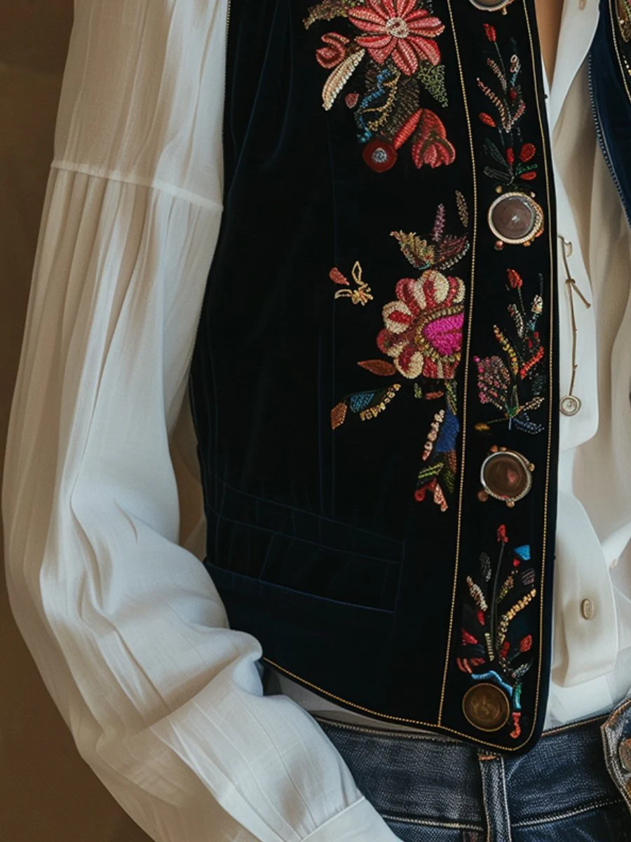 Vintage Velvet Floral Embroidery Stand Collar Waistcoat - Image 3