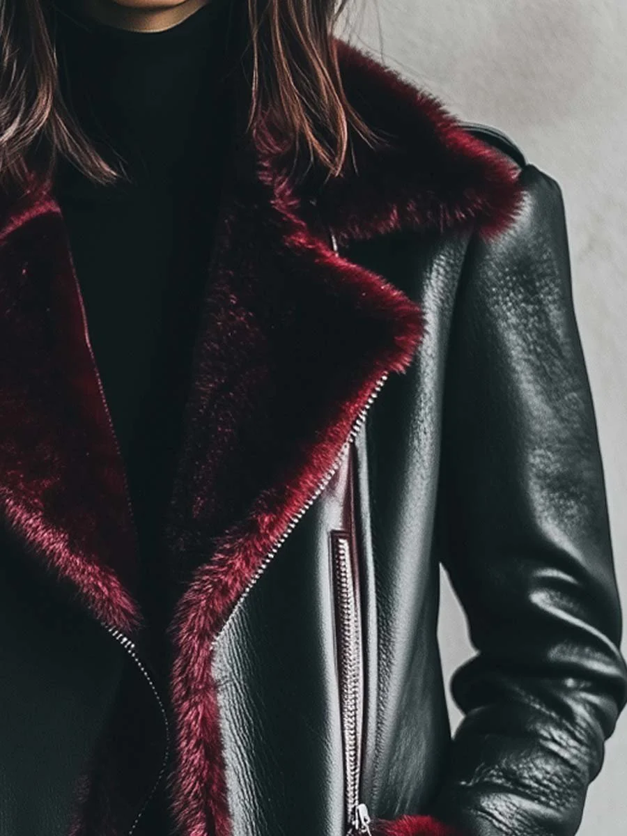 Women's Retro Contrast Color Fur Collar Leather Jacket - Image 3
