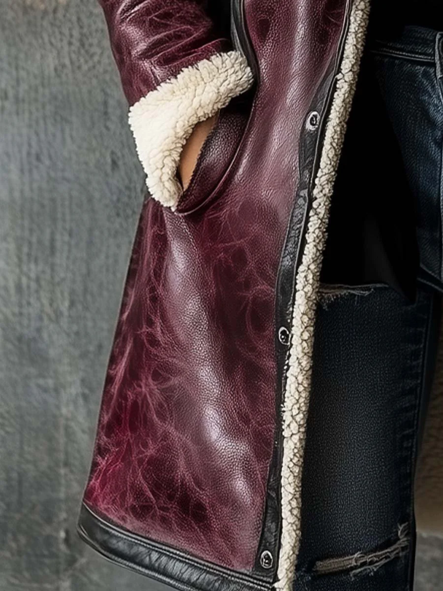 Women's Vintage Burgundy Lambskin Faux Leather Coat - Image 6