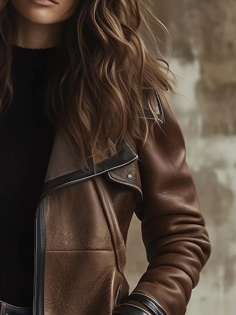 Women's Vintage Contrast Collar Faux Leather Jacket - Image 3