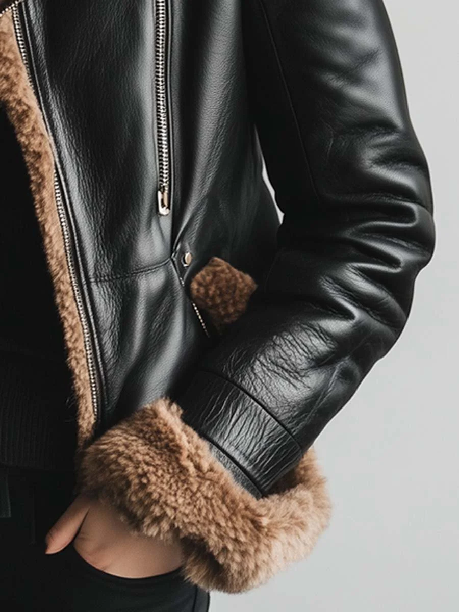 Women's Vintage Fur Collar Contrast Faux Leather Jacket - Image 5