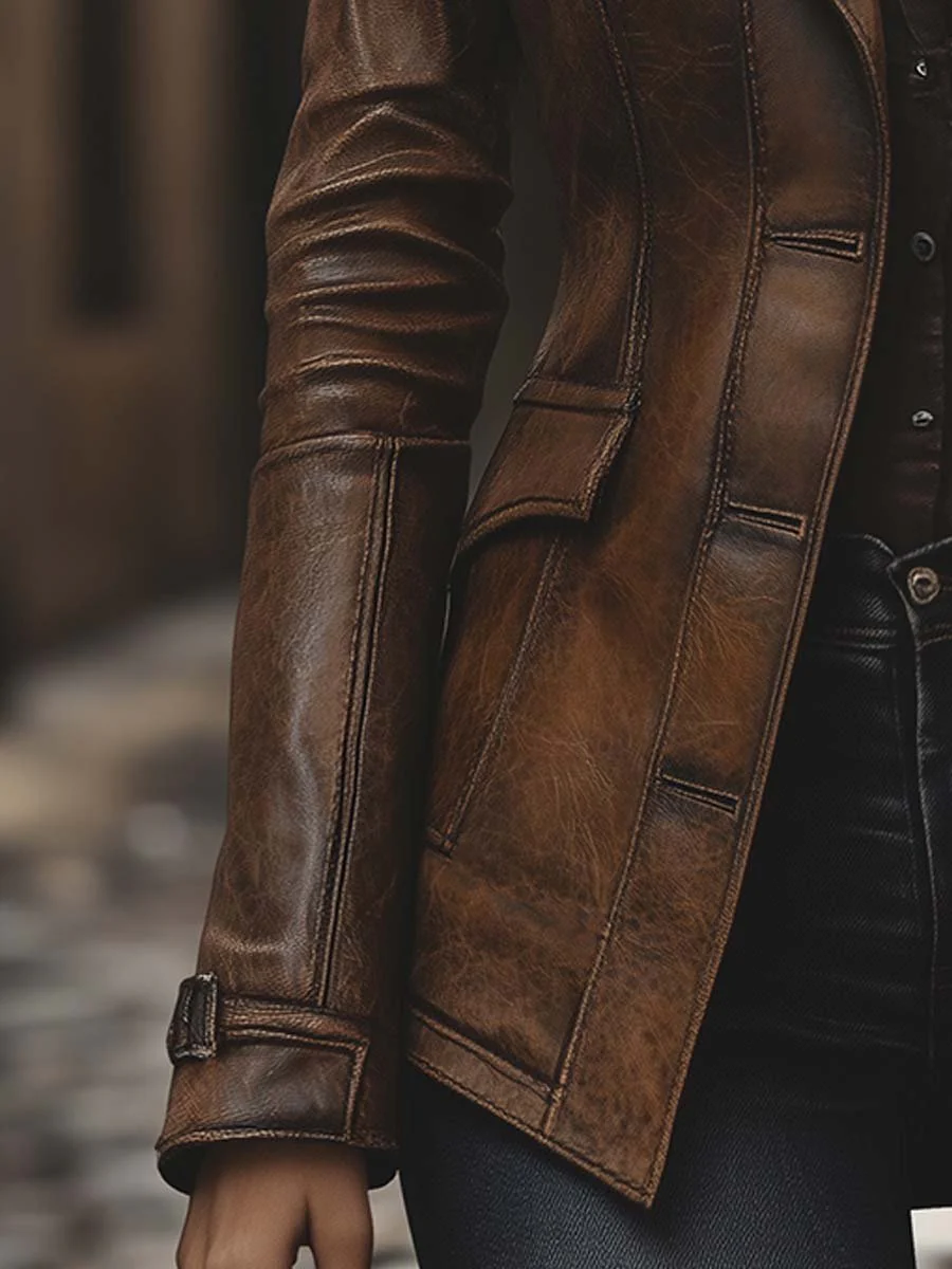 Women's Vintage Lapel Pocket Faux Leather Jacket - Image 4