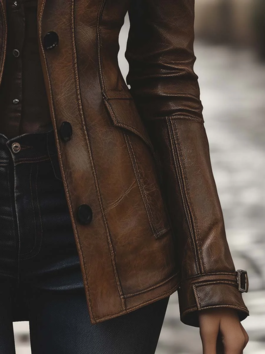Women's Vintage Lapel Pocket Faux Leather Jacket - Image 5